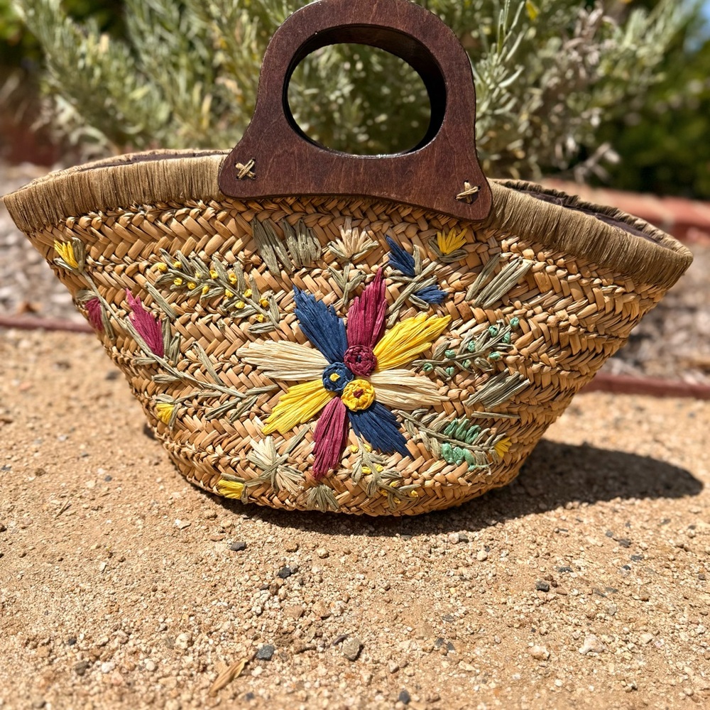Floral Embroidered Straw Tote Bag